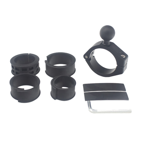 A black 2-inch handlebar mounting bracket adapter with a 1" ball, includes rubber pads and an Allen wrench for installation.