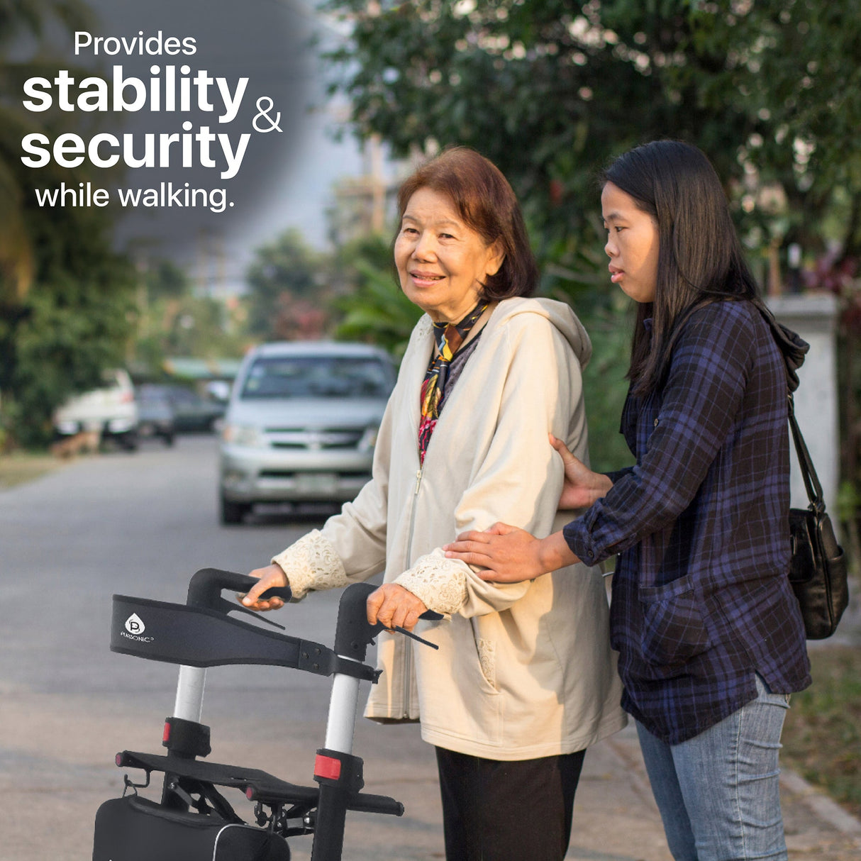 Foldable Wheeled Walker with Adjustable Height, 9-Inch Front and 8-Inch Rear Wheels, 300 lb Capacity by Pursonic