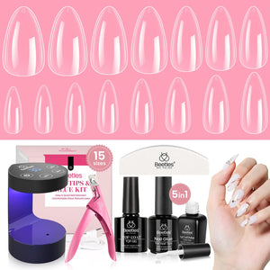 Beetles Gel Nail Kit 600Pcs Medium Almond Nail Tips with Milky White Gel Polish Top Coat, 15 Sizes Soft Clear Gel Nail Tips 5 In 1 Nail Glue Uv Nail Lamp for Nail Extension DIY Nail Salon Gift for Her B-Medium Almond 600pcs(Gel Polish & Top Coat）