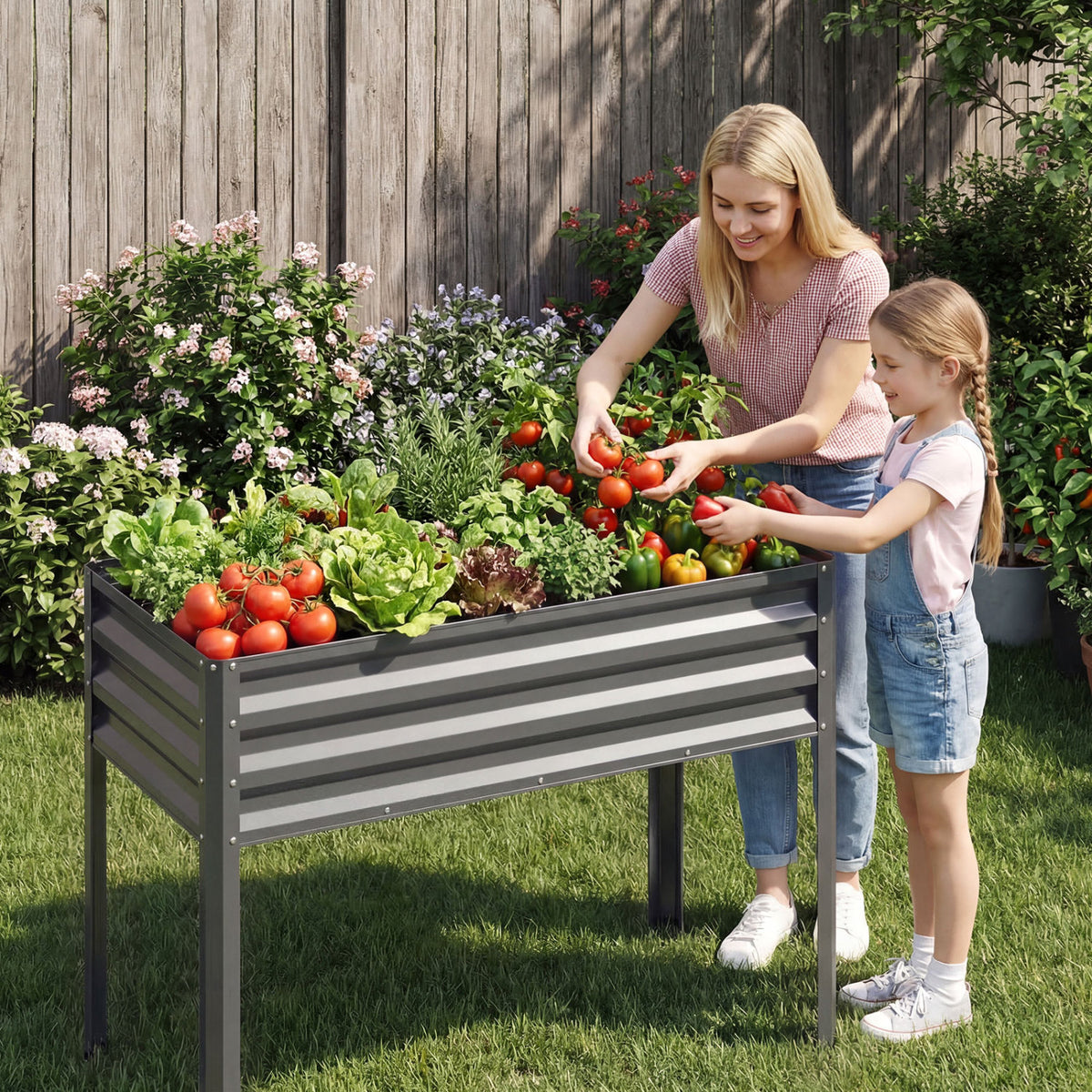 Raised Garden Bed Set of 2 Electro-Coating Metal Large Elevated Planter Box-Grey