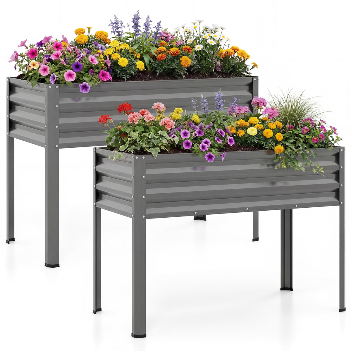 Raised Garden Bed Set of 2 Electro-Coating Metal Large Elevated Planter Box-Grey