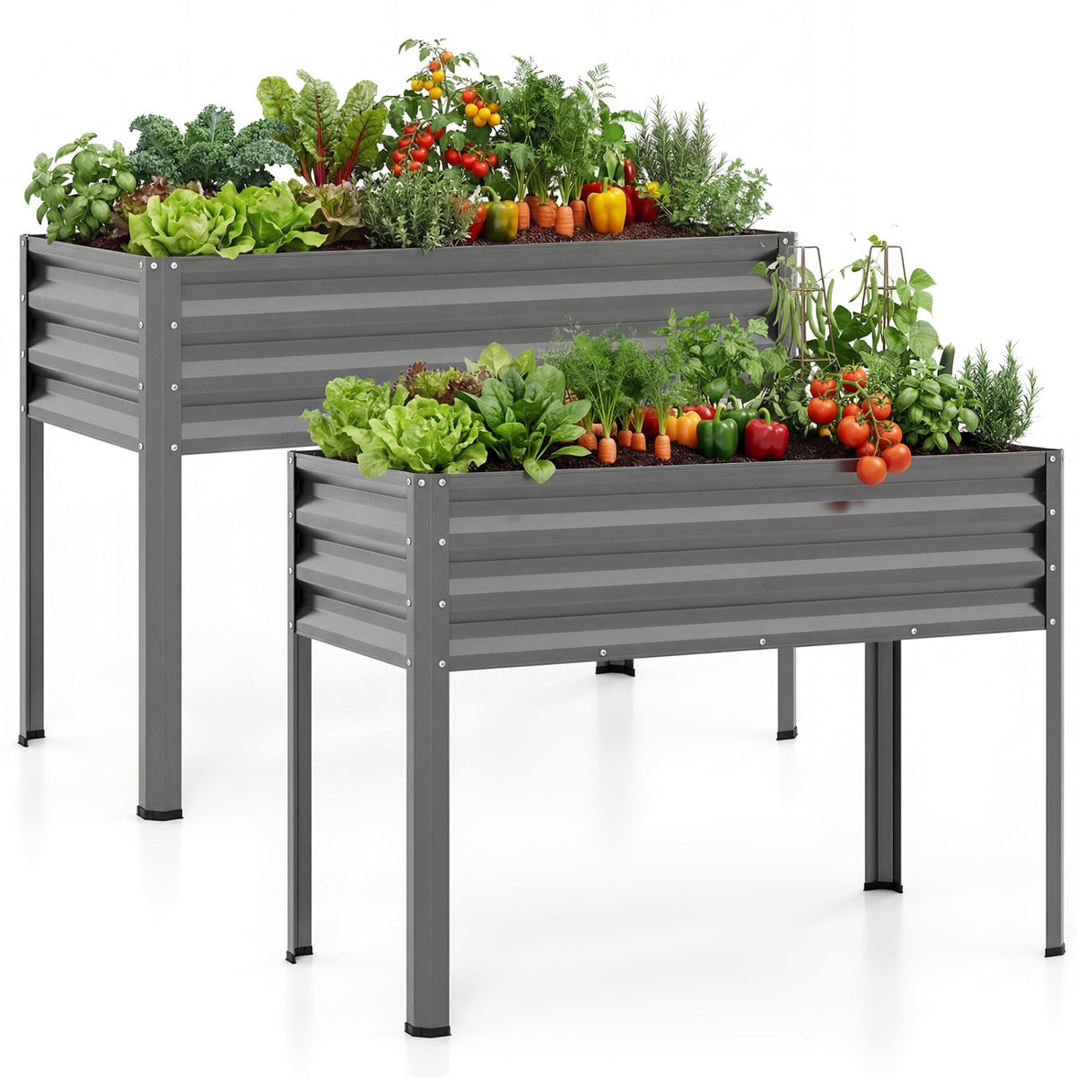 Raised Garden Bed Set of 2 Electro-Coating Metal Large Elevated Planter Box-Grey