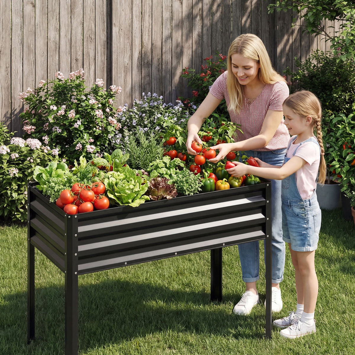 Raised Garden Bed Set of 2 Electro-Coating Metal Large Elevated Planter Box-Black