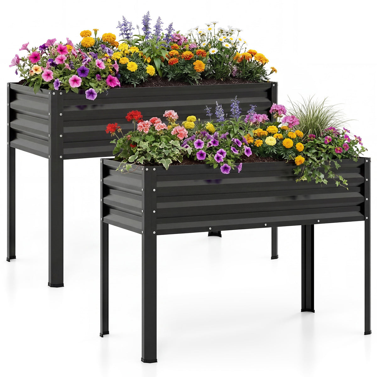 Raised Garden Bed Set of 2 Electro-Coating Metal Large Elevated Planter Box-Black