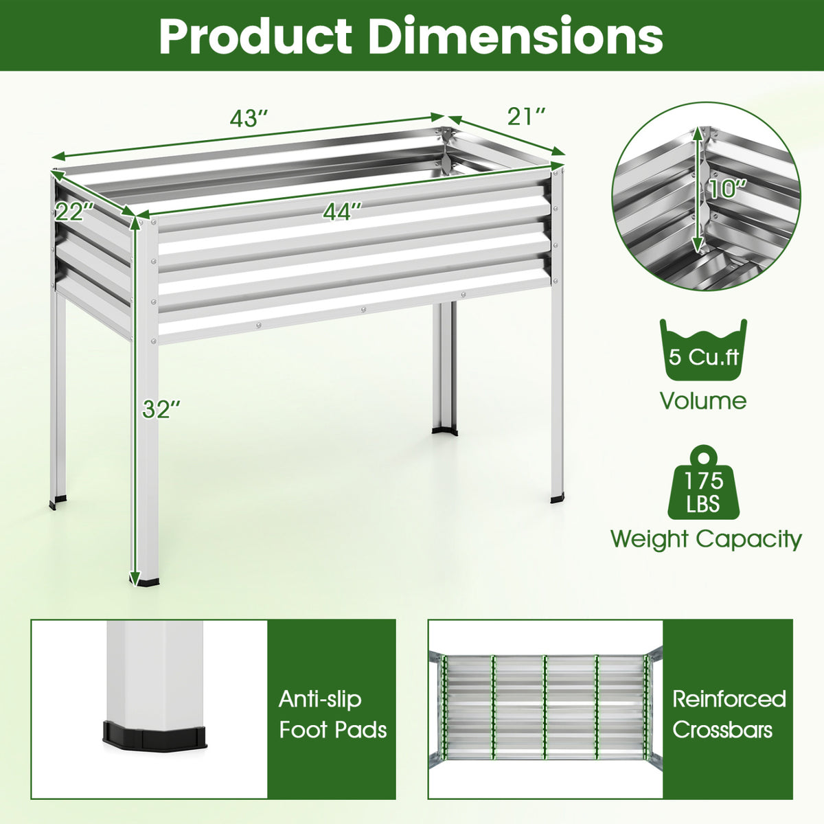 Raised Garden Bed with Legs Electro-Coating Metal Large Elevated Planter Box-Silver