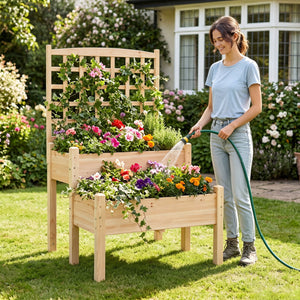 Raised Garden Bed with Trellis 2-Tier for Outdoor Climbing Plants-Natural