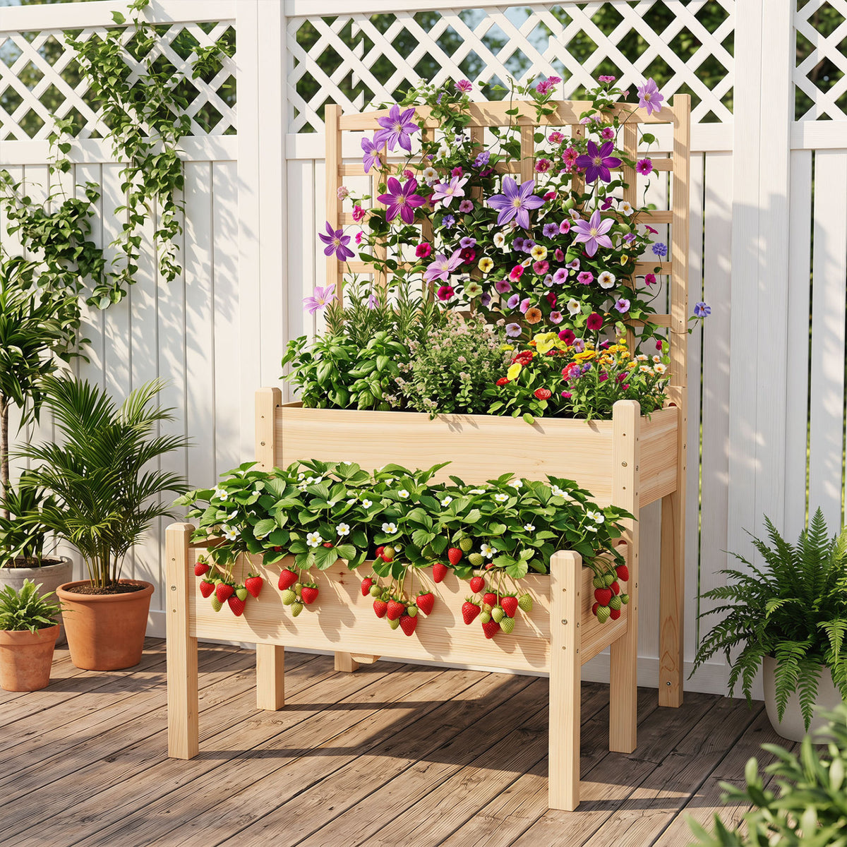 Raised Garden Bed with Trellis 2-Tier for Outdoor Climbing Plants-Natural