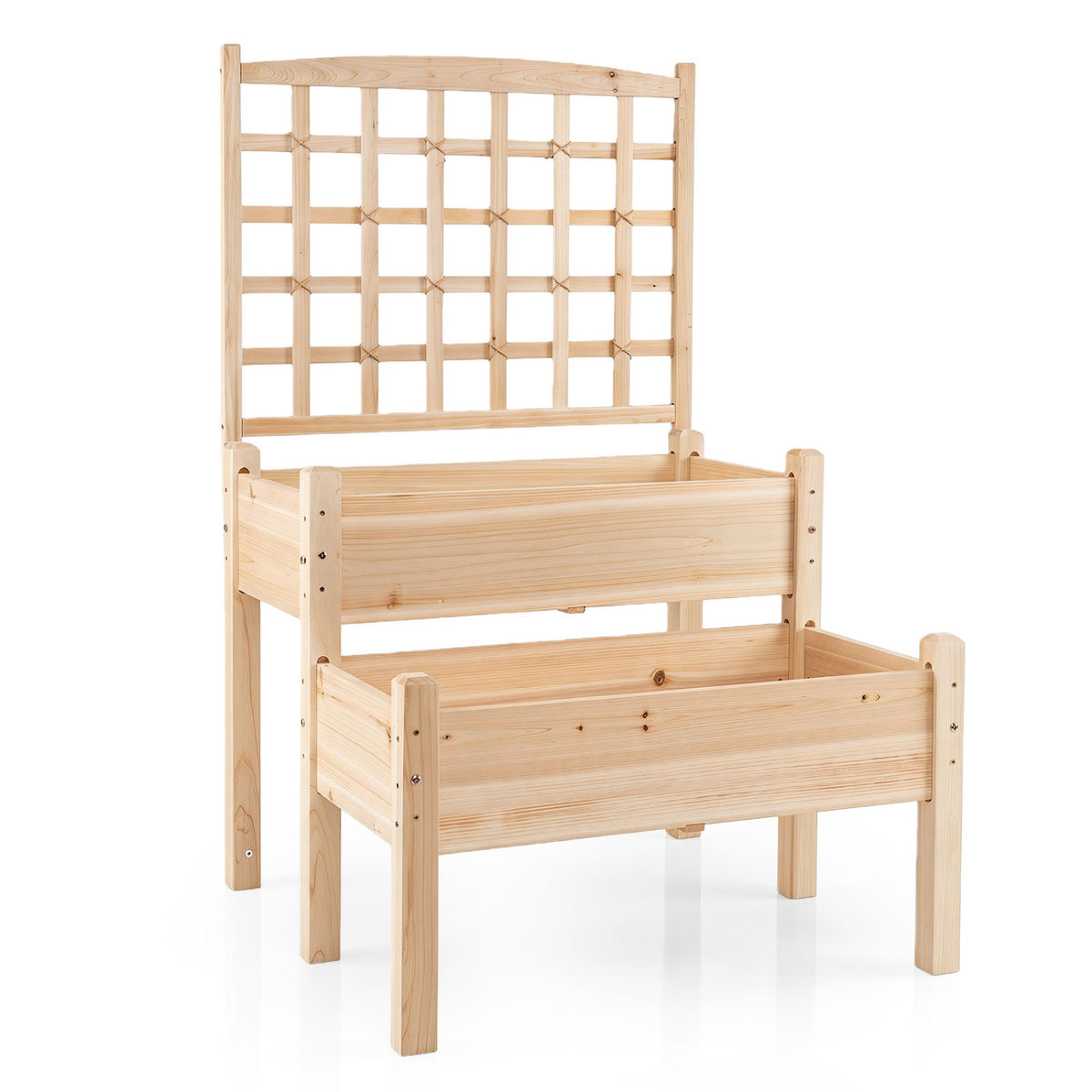 Raised Garden Bed with Trellis 2-Tier for Outdoor Climbing Plants-Natural