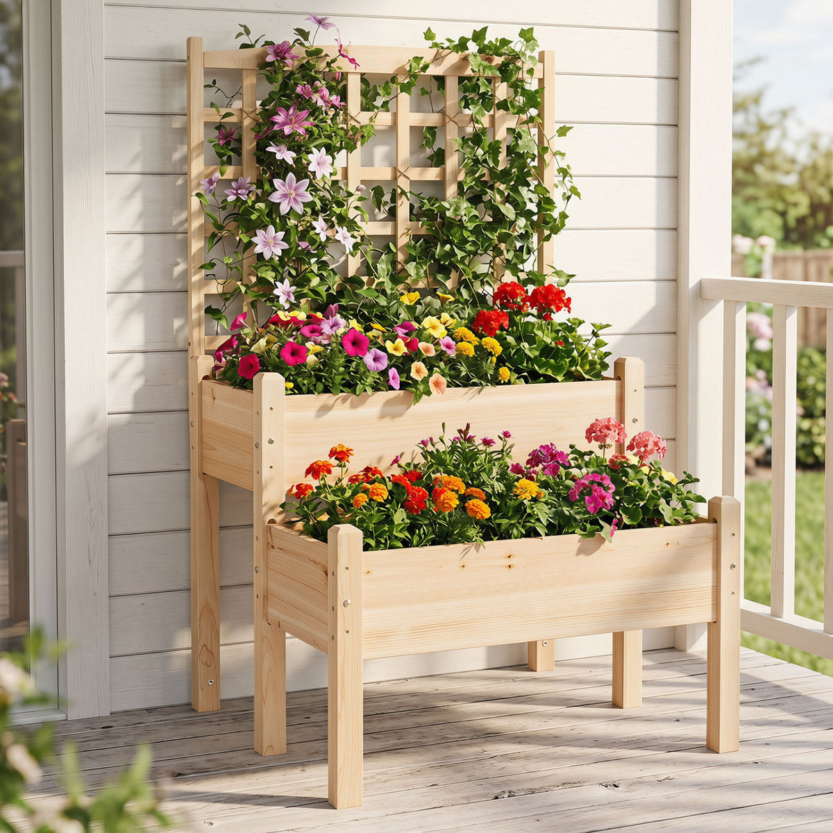 Raised Garden Bed with Trellis 2-Tier for Outdoor Climbing Plants-Natural