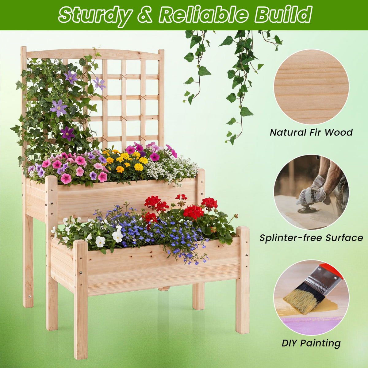 Raised Garden Bed with Trellis 2-Tier for Outdoor Climbing Plants-Natural