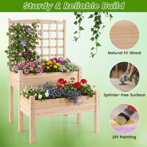Raised Garden Bed with Trellis 2-Tier for Outdoor Climbing Plants-Natural