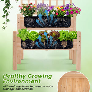 Raised Garden Bed with Trellis 2-Tier for Outdoor Climbing Plants-Natural