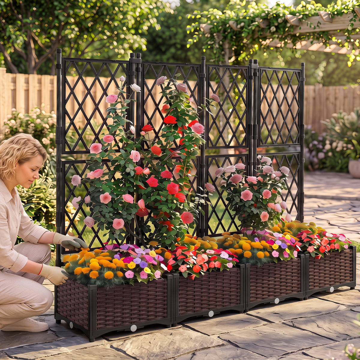 Raised Garden Bed with Lattice Trellis  Drainage Self-Watering Elevated Vertical Planter Boxes-Black