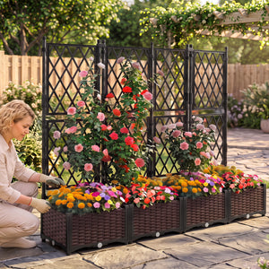 Raised Garden Bed with Lattice Trellis  Drainage Self-Watering Elevated Vertical Planter Boxes-Black