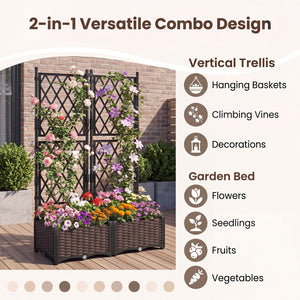Raised Garden Bed with Lattice Trellis  Drainage Self-Watering Elevated Vertical Planter Boxes-Black