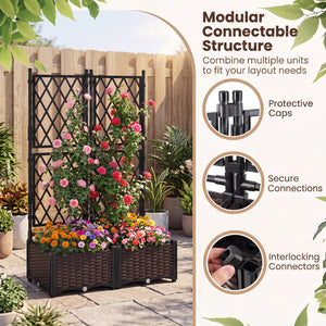 Raised Garden Bed with Lattice Trellis  Drainage Self-Watering Elevated Vertical Planter Boxes-Black