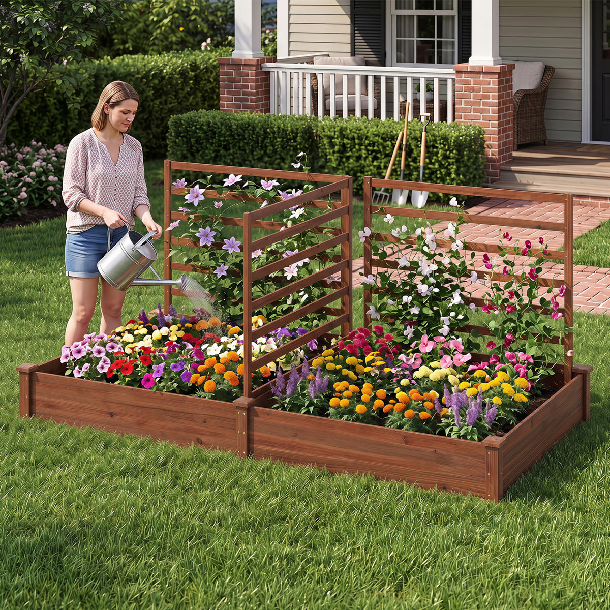 Raised Garden Bed with 2 Planter Boxes and 3 Trellis-Brown