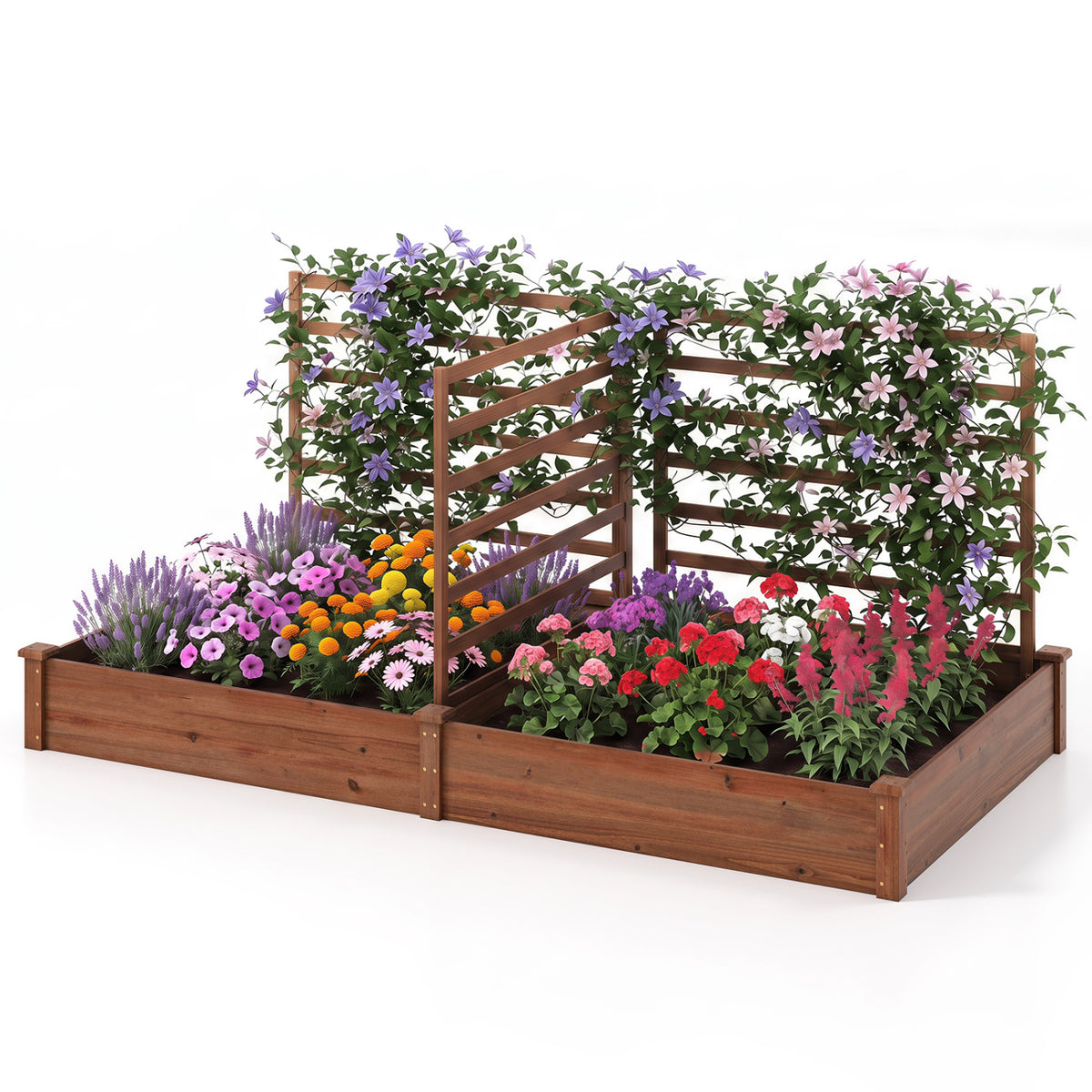 Raised Garden Bed with 2 Planter Boxes and 3 Trellis-Brown