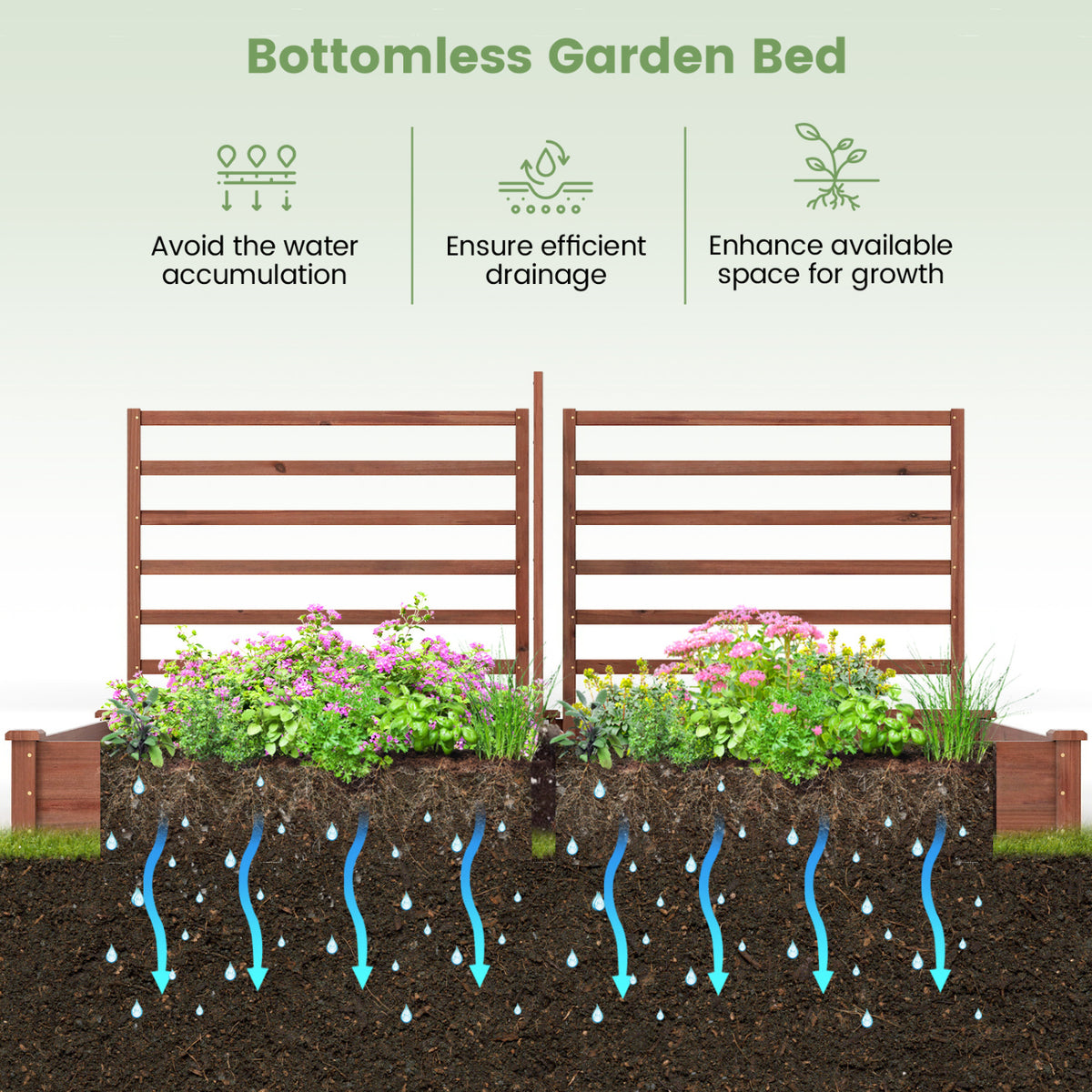 Raised Garden Bed with 2 Planter Boxes and 3 Trellis-Brown