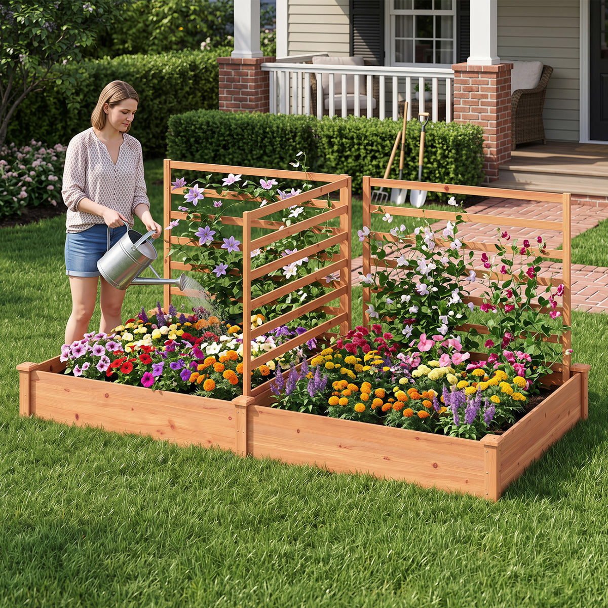 Raised Garden Bed with 2 Planter Boxes and 3 Trellis-Oak