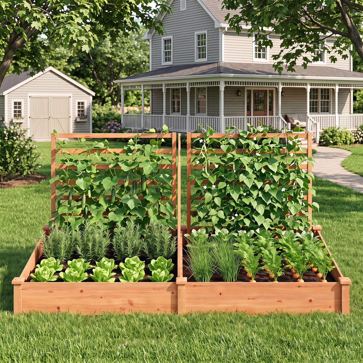Raised Garden Bed with 2 Planter Boxes and 3 Trellis-Oak