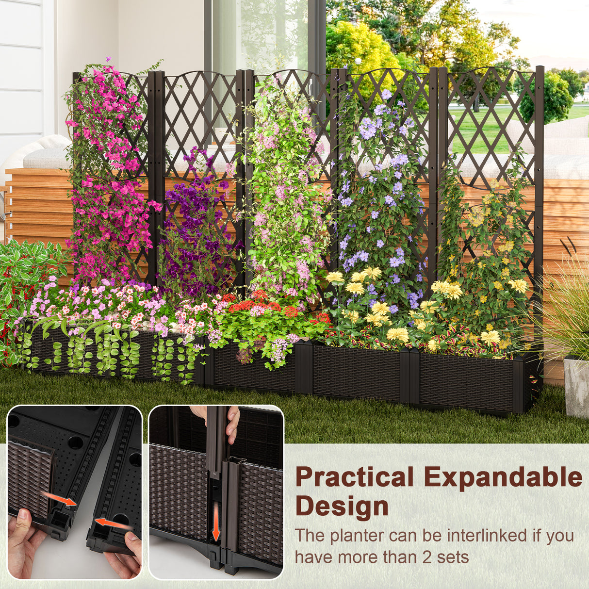 Raised Garden Bed with Trellis Planter Box for Climbing Plants -Brown