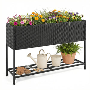 Raised Wicker Garden Bed with Storage Shelf and Removable Liner-Black