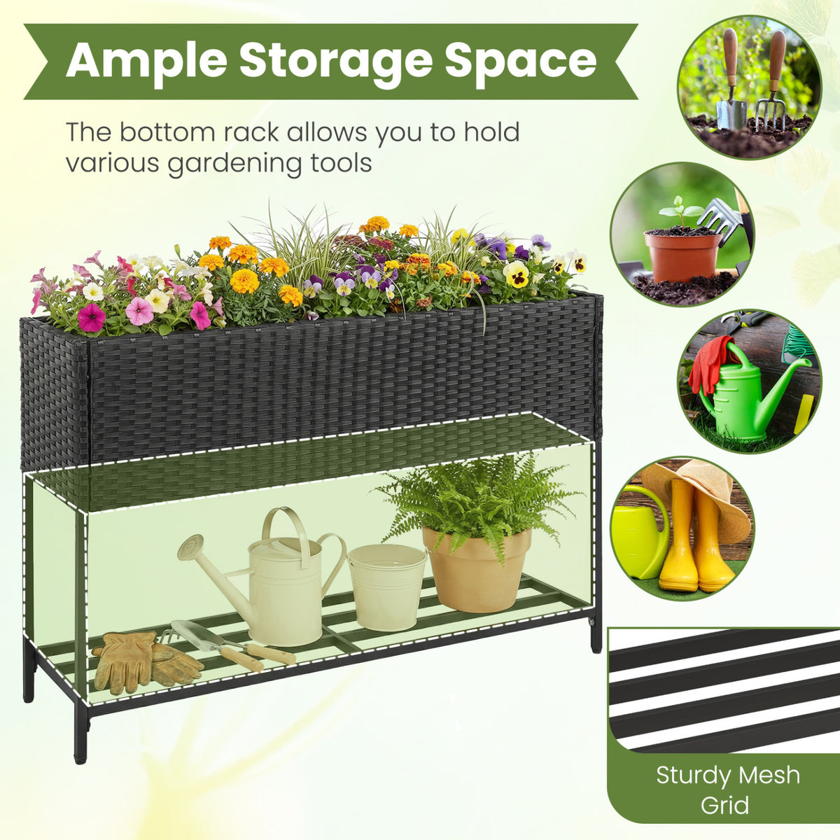 Raised Wicker Garden Bed with Storage Shelf and Removable Liner-Black