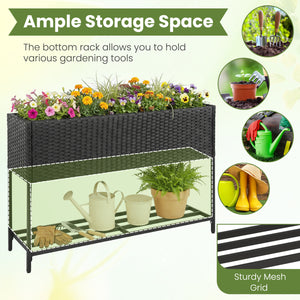 Raised Wicker Garden Bed with Storage Shelf and Removable Liner-Black