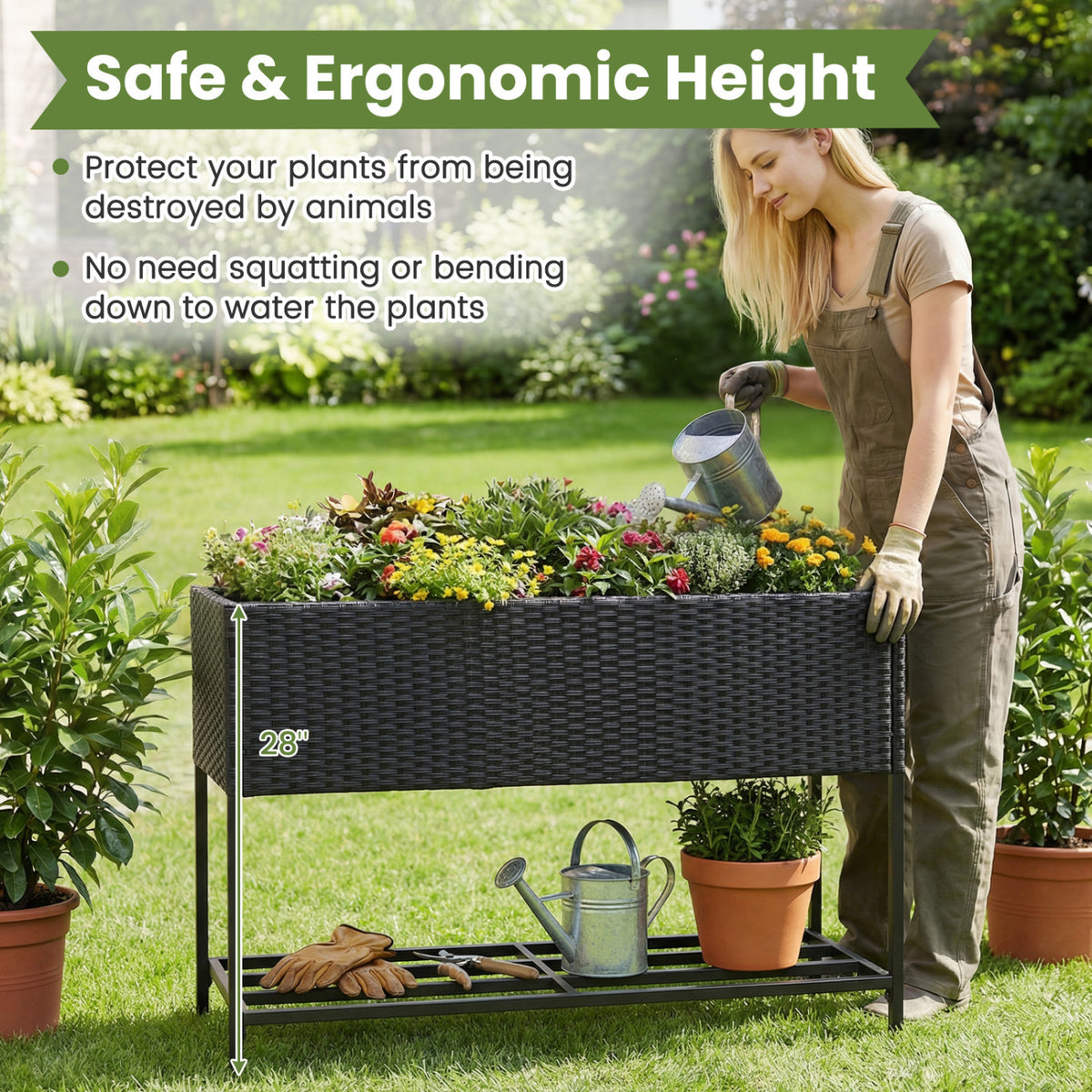 Raised Wicker Garden Bed with Storage Shelf and Removable Liner-Black