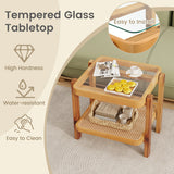 Rattan 2-Tier End Side Table with Tempered Glass Top Acacia Wood Legs-Brown