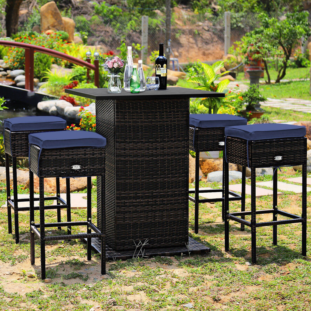 5 Pieces Patio Rattan Bar Table Stool Set Hidden Storage Shelf Cushioned-White