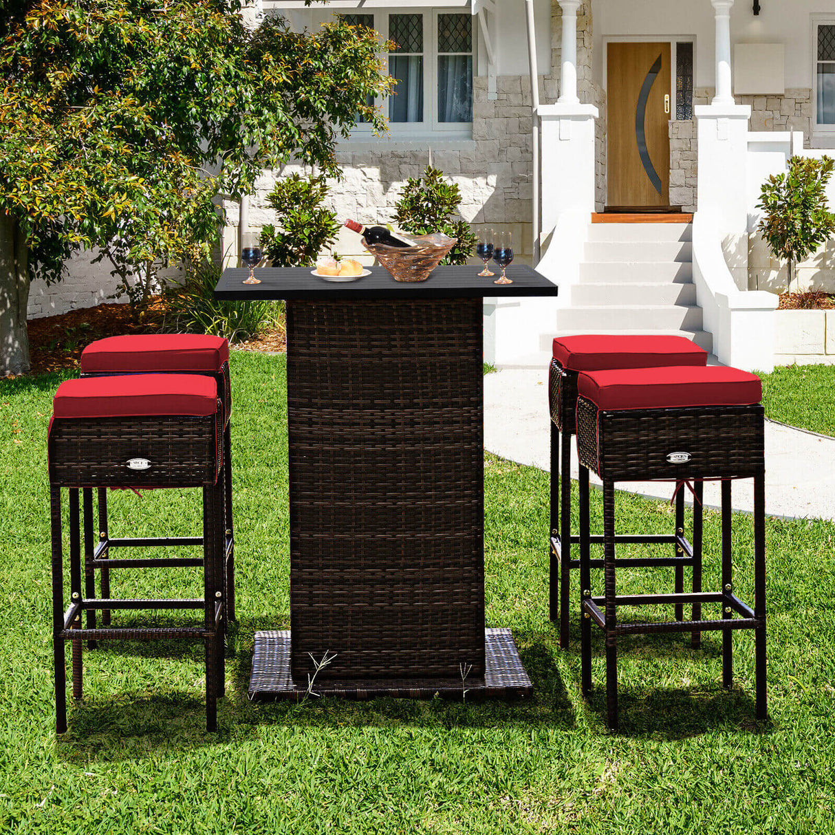 5 Pieces Patio Rattan Bar Table Stool Set Hidden Storage Shelf Cushioned-White