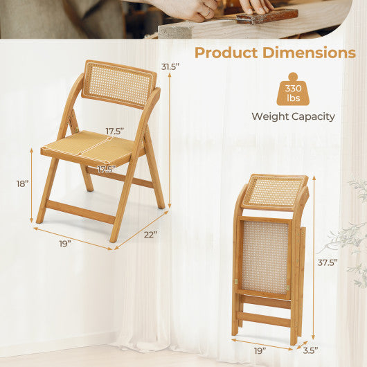 Rattan Cane Folding Dining Chairs Set of 2 with Rotatable Backrests-Natural