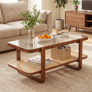 Rattan Coffee Table with Tempered Glass Top and Storage Shelf-Walnut