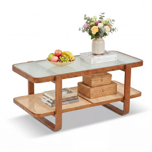 Rattan Coffee Table with Tempered Glass Top and Storage Shelf-Walnut