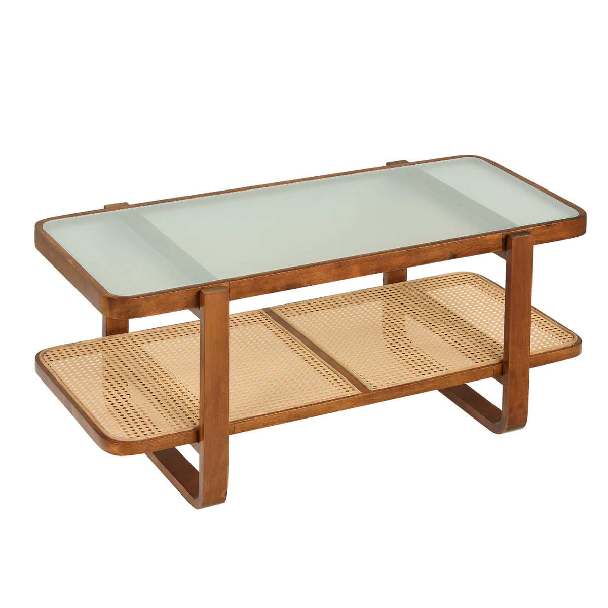 Rattan Coffee Table with Tempered Glass Top and Storage Shelf-Walnut