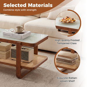 Rattan Coffee Table with Tempered Glass Top and Storage Shelf-Walnut