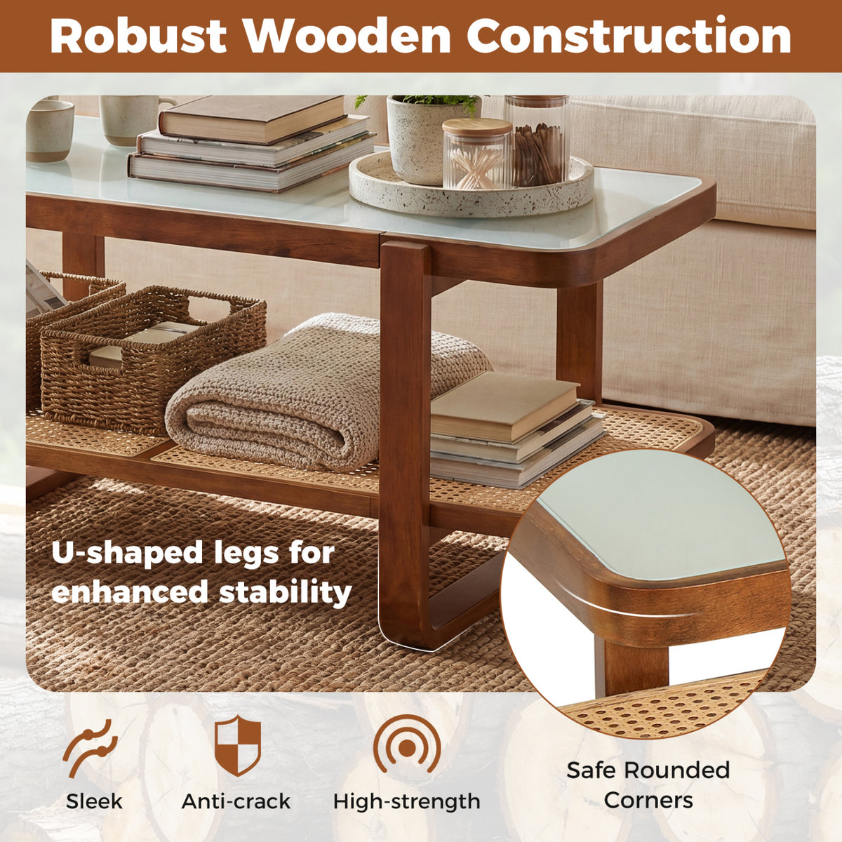 Rattan Coffee Table with Tempered Glass Top and Storage Shelf-Walnut