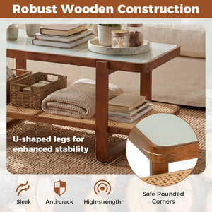 Rattan Coffee Table with Tempered Glass Top and Storage Shelf-Walnut