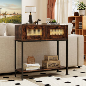 Rattan Console Table Boho Entryway Table with 2 Rattan Drawers and Open Storage Shelf-Rustic Brown