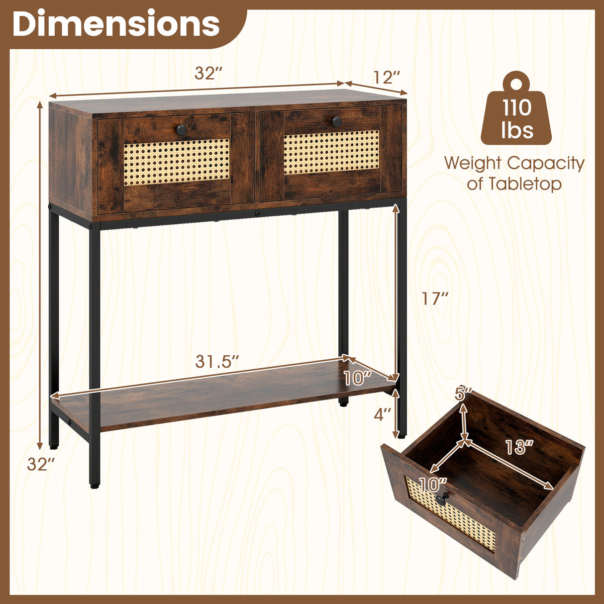 Rattan Console Table Boho Entryway Table with 2 Rattan Drawers and Open Storage Shelf-Rustic Brown