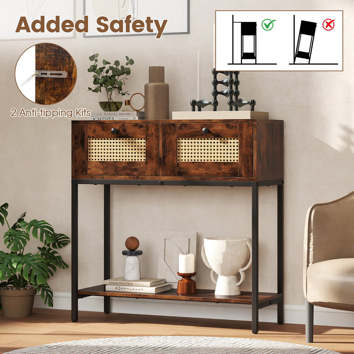 Rattan Console Table Boho Entryway Table with 2 Rattan Drawers and Open Storage Shelf-Rustic Brown