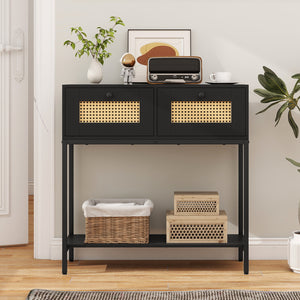 Rattan Console Table Boho Entryway Table with 2 Rattan Drawers and Open Storage Shelf-Black