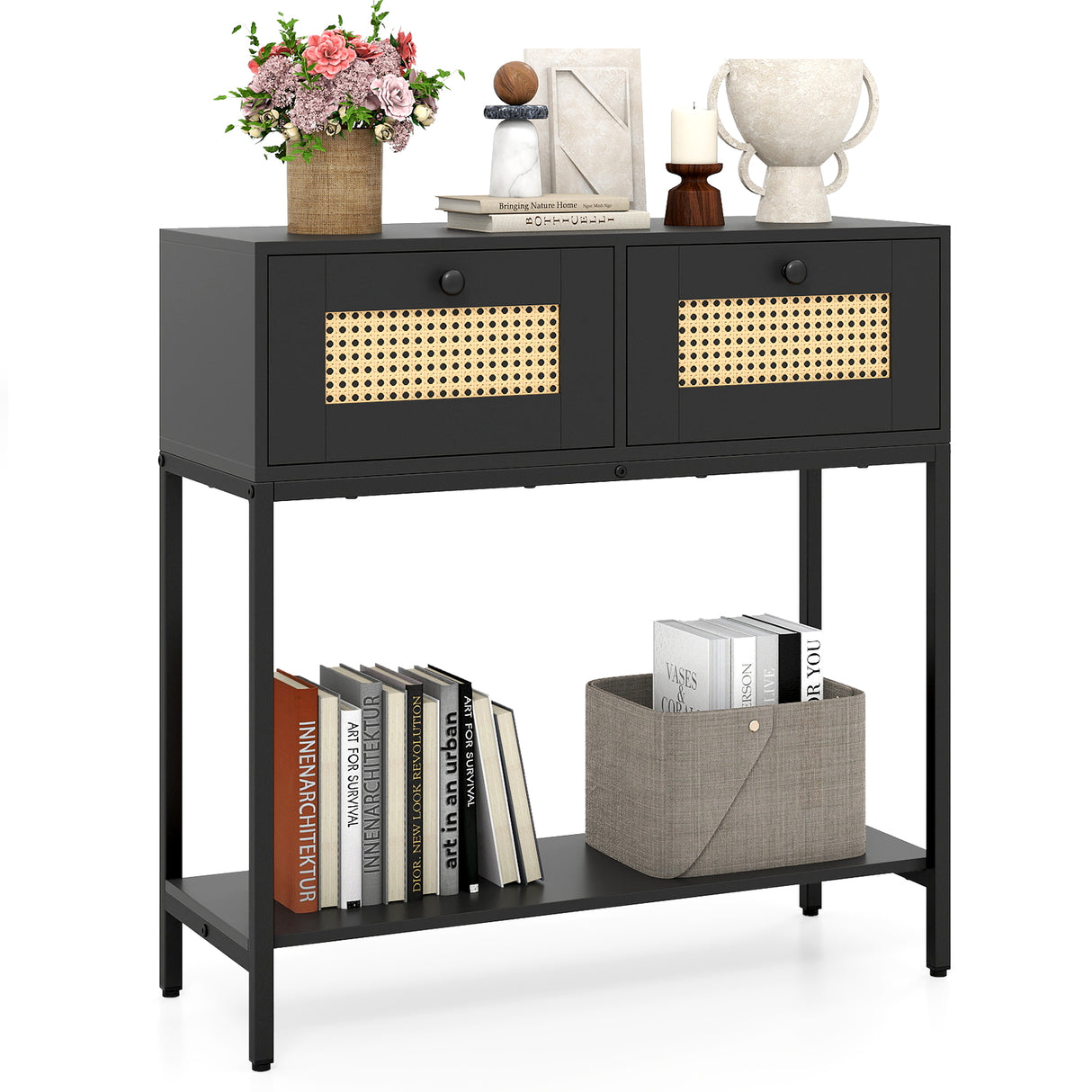 Rattan Console Table Boho Entryway Table with 2 Rattan Drawers and Open Storage Shelf-Black