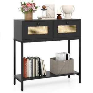 Rattan Console Table Boho Entryway Table with 2 Rattan Drawers and Open Storage Shelf-Black