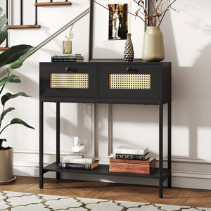 Rattan Console Table Boho Entryway Table with 2 Rattan Drawers and Open Storage Shelf-Black