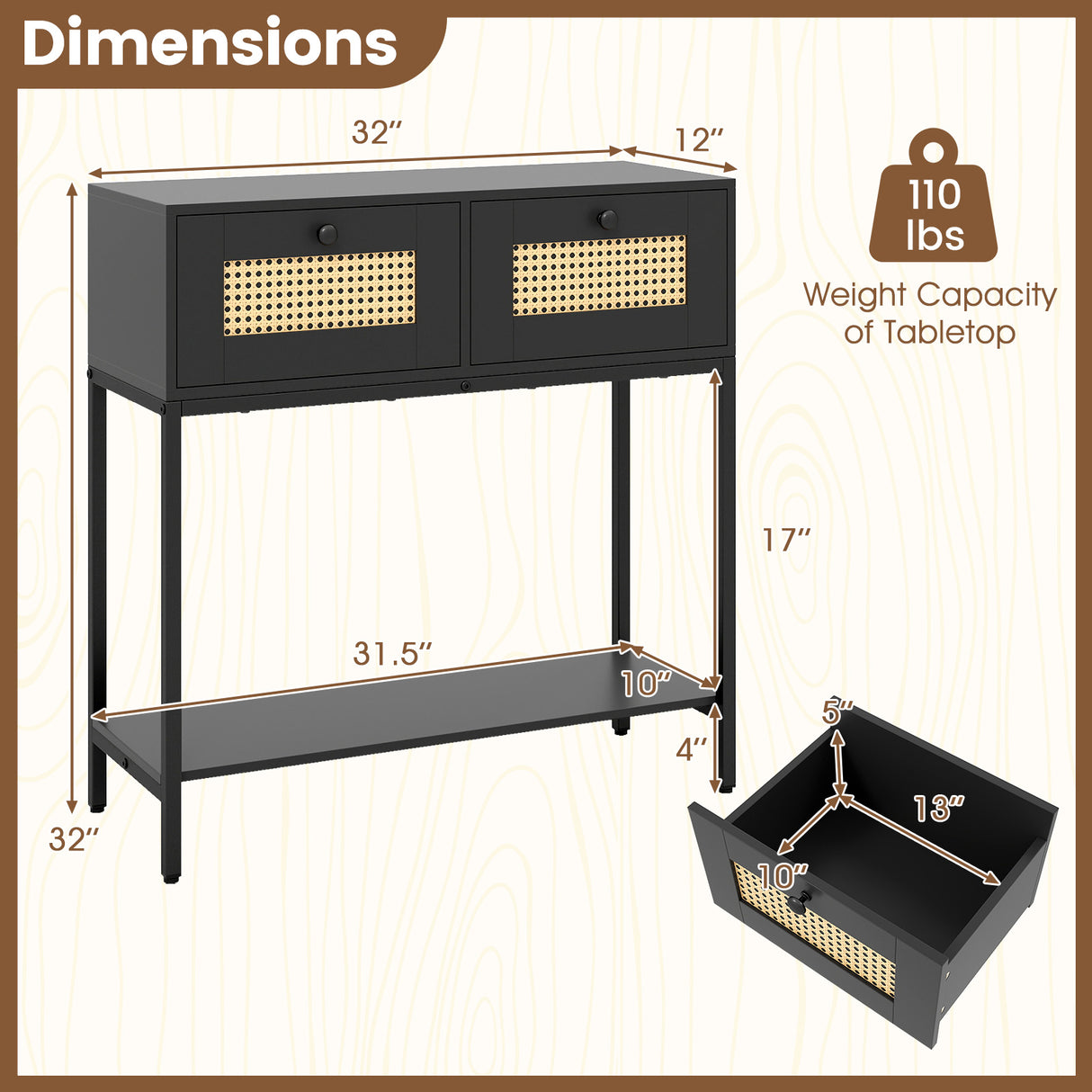 Rattan Console Table Boho Entryway Table with 2 Rattan Drawers and Open Storage Shelf-Black
