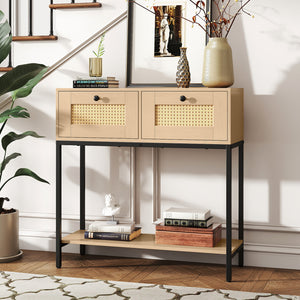 Rattan Console Table Boho Entryway Table with 2 Rattan Drawers and Open Storage Shelf-Oak