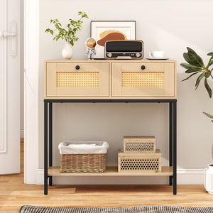 Rattan Console Table Boho Entryway Table with 2 Rattan Drawers and Open Storage Shelf-Oak